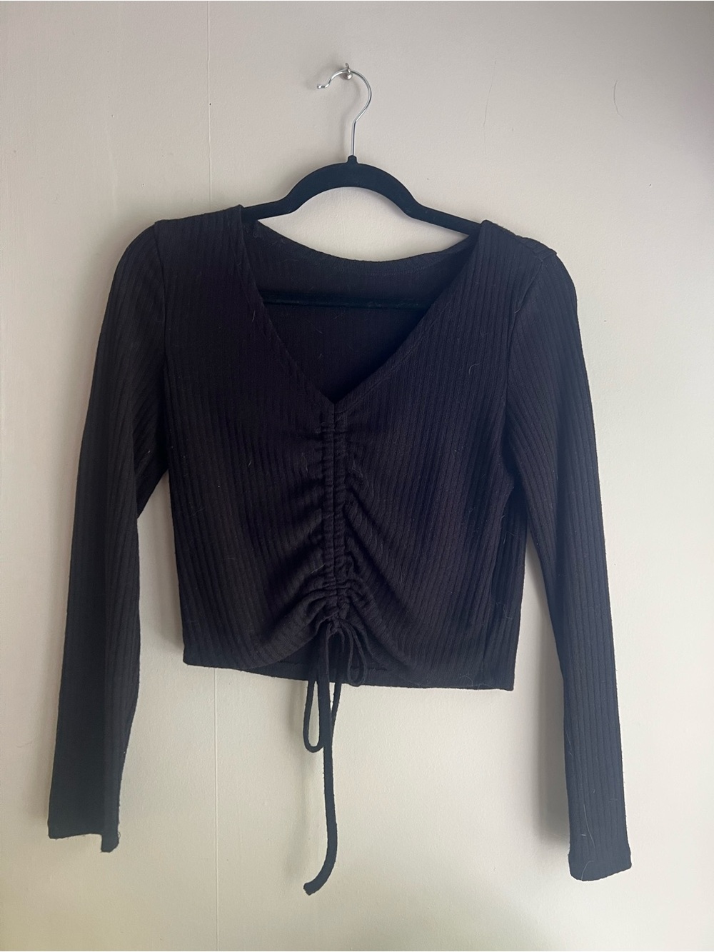 Women's Black Ribbed Drawstring V-Neck Long Sleeve Top